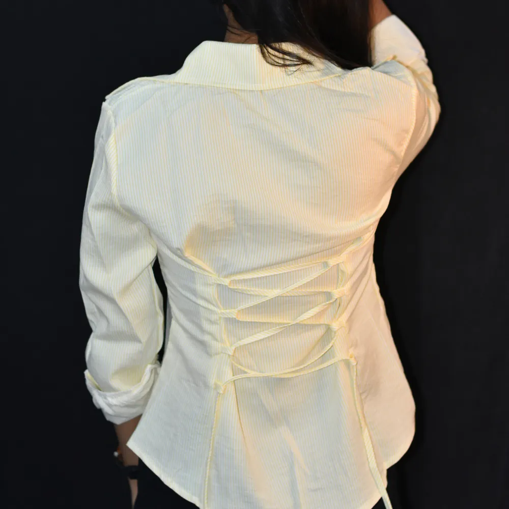 NYVAZ Women's Pastel Yellow Pinstripe Corset Back Shirt