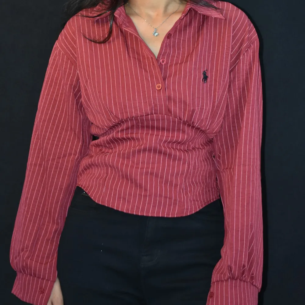 NYVAZ Women's Maroon Pinstripe Gathered Waist Shirt