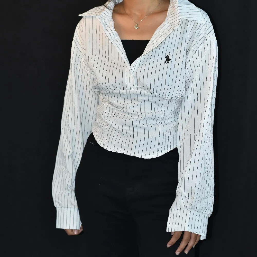 NYVAZ Women's White Pinstripe Gathered Waist Shirt