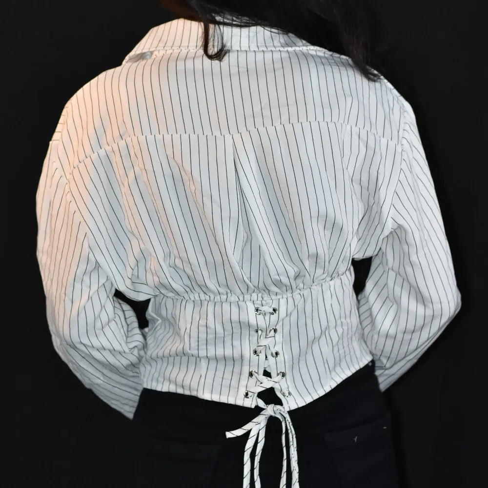 NYVAZ Women's White Pinstripe Gathered Waist Shirt