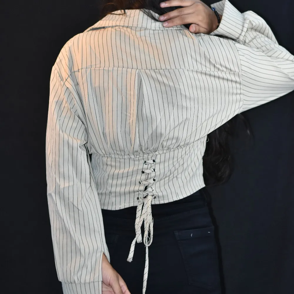 NYVAZ Women's Beige Pinstripe Gathered Waist Shirt