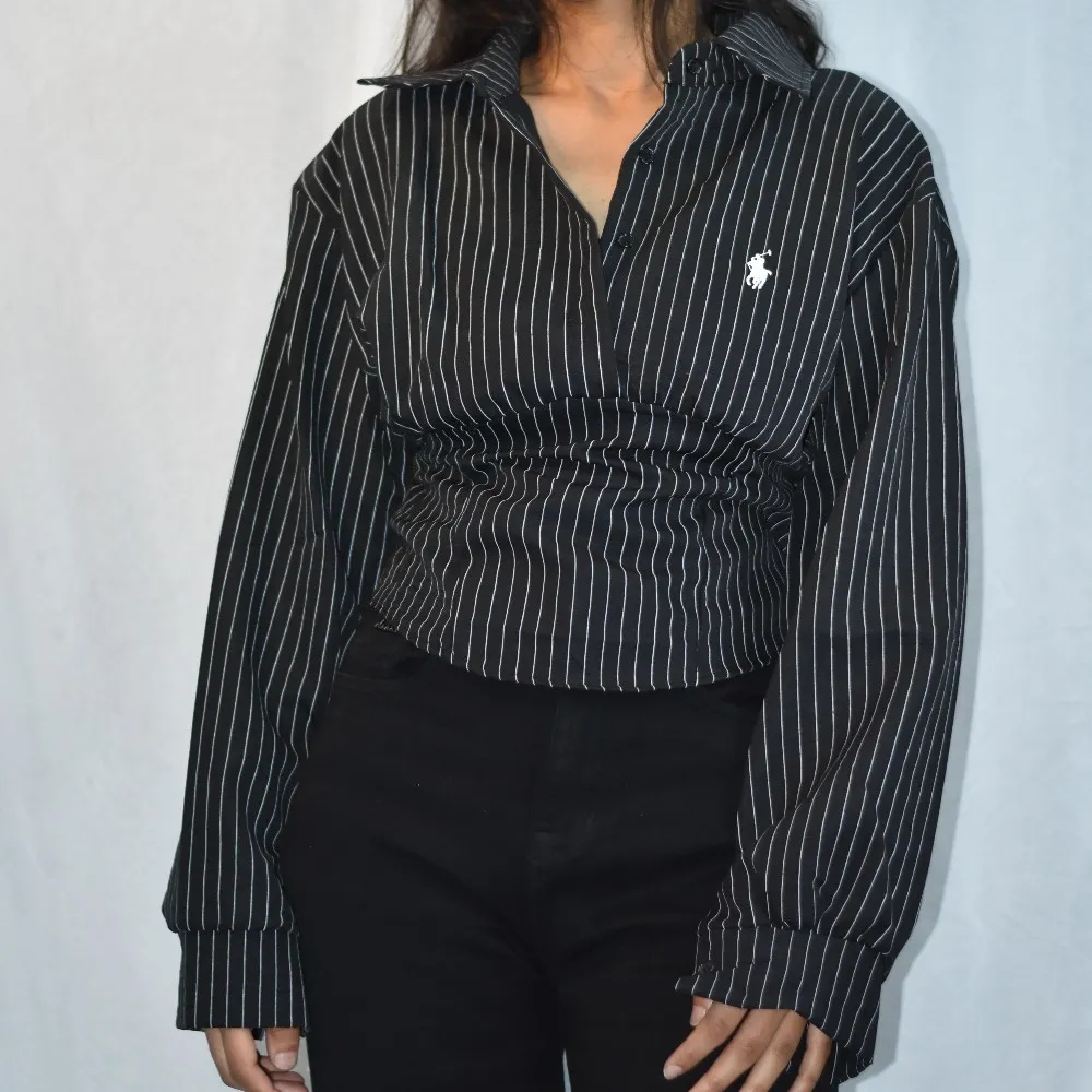 NYVAZ Women's Black Pinstripe Gathered Waist Shirt