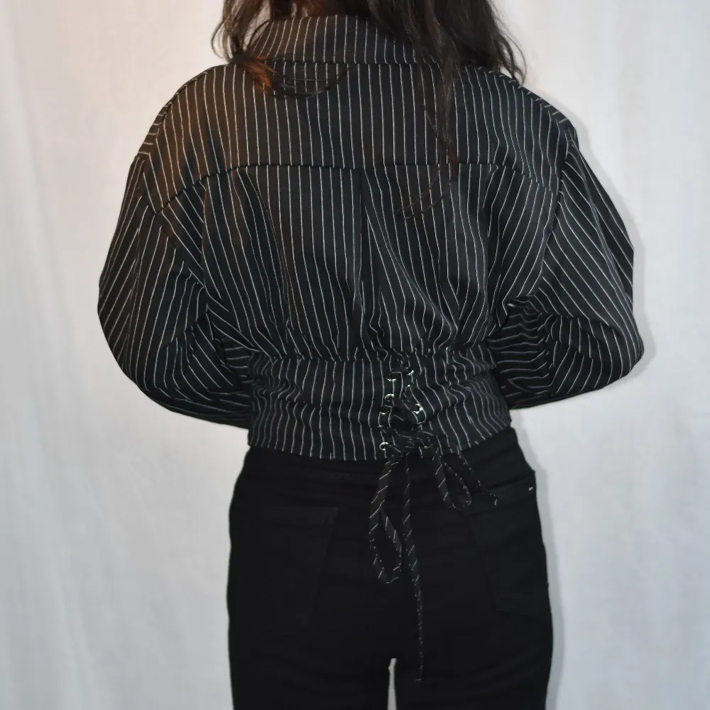 NYVAZ Women's Black Pinstripe Gathered Waist Shirt