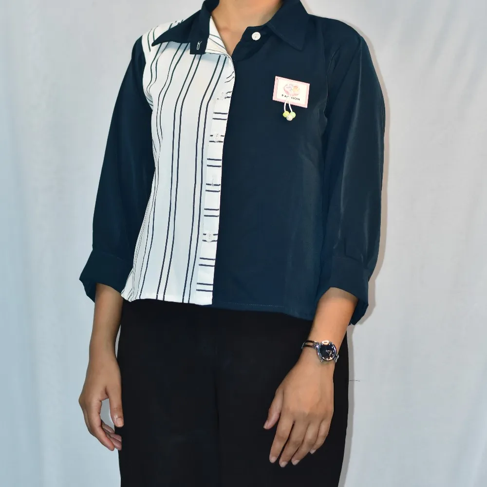 NYVAZ Women's Navy Blue Color Block Stripe Shirt