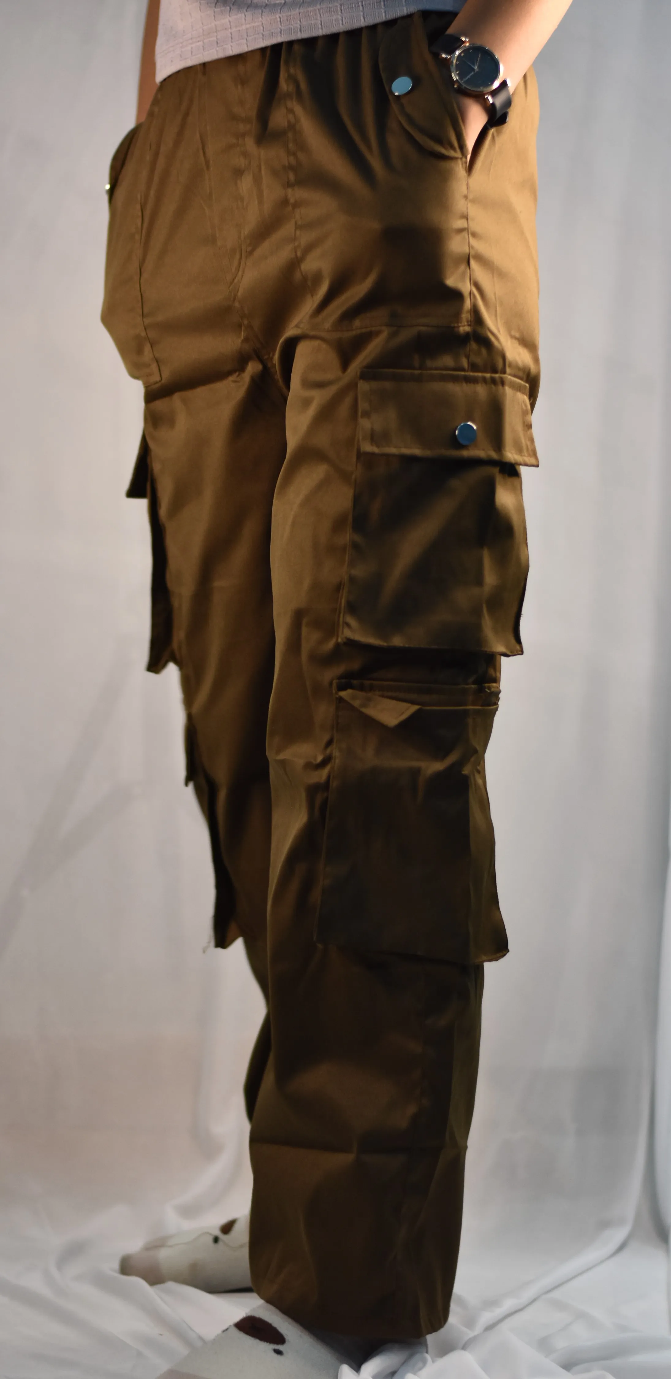 Girls Olive Brown Wide Leg Cargo Pants