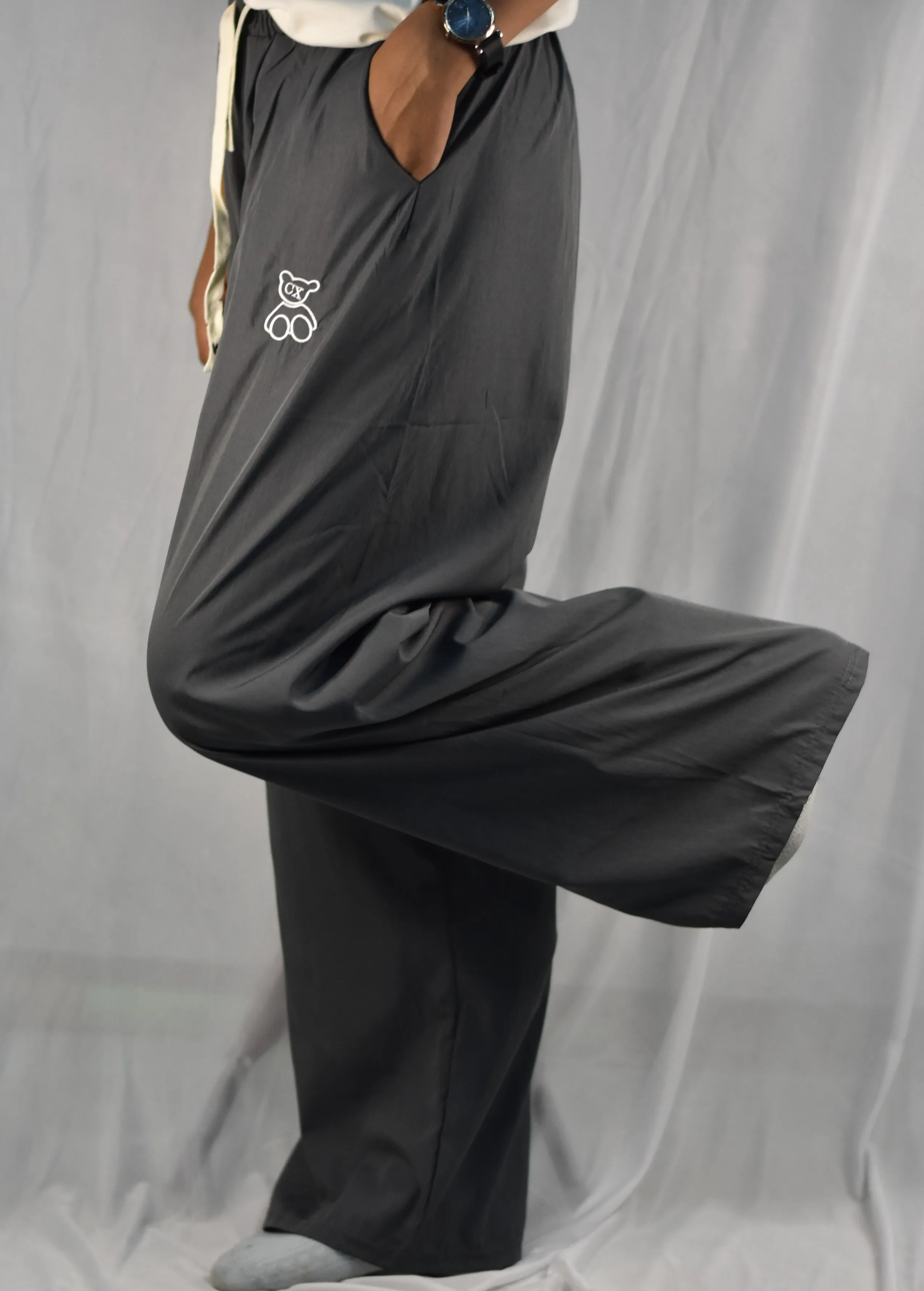 Women's Charcoal Grey Embroidered Wide Leg Lounge Pants