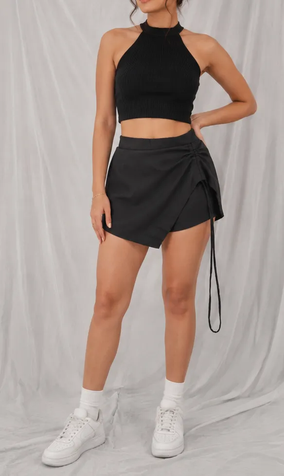 Women's Black Ruched Wrap Skort with Built-in Shorts | Nyvaz