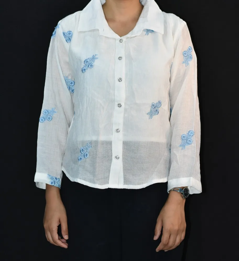 NYVAZ Women's White Floral Embroidered Cotton Shirt
