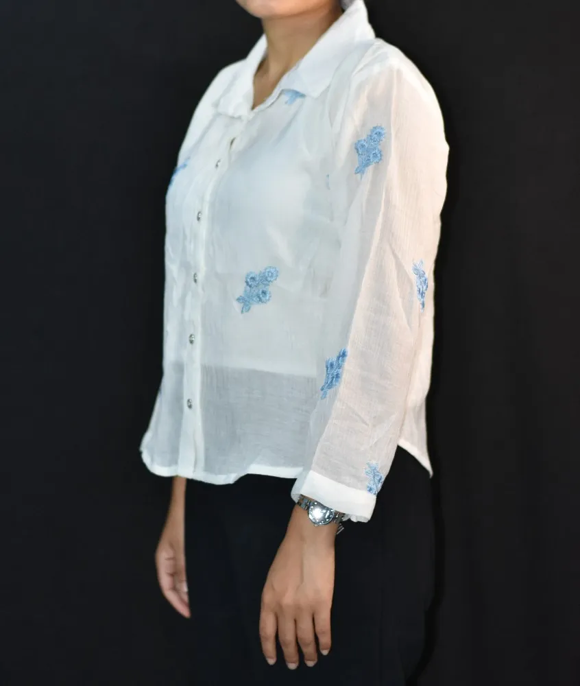 NYVAZ Women's White Floral Embroidered Cotton Shirt