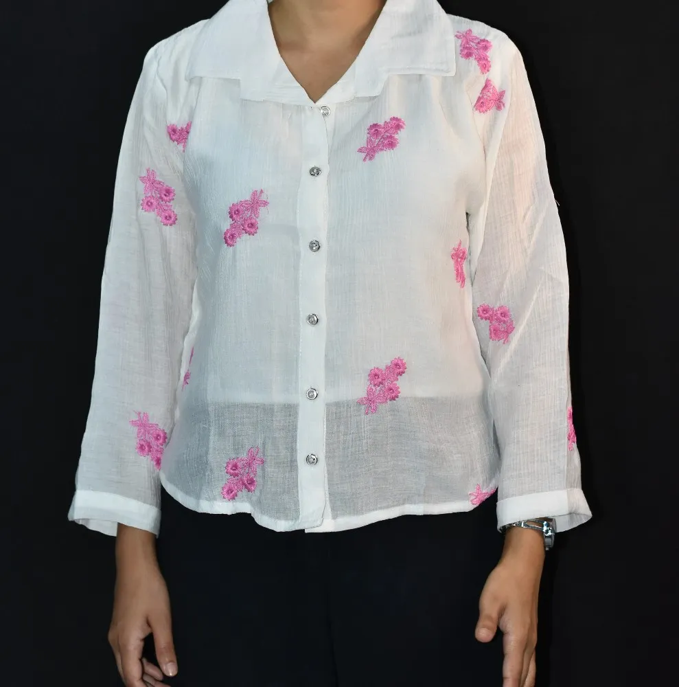 NYVAZ Women's White Floral Embroidered Cotton Shirt – Pink Blossom Edition