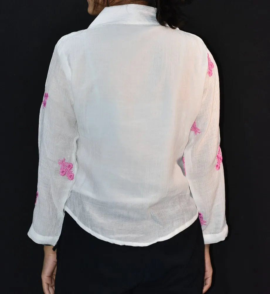 NYVAZ Women's White Floral Embroidered Cotton Shirt – Pink Blossom Edition