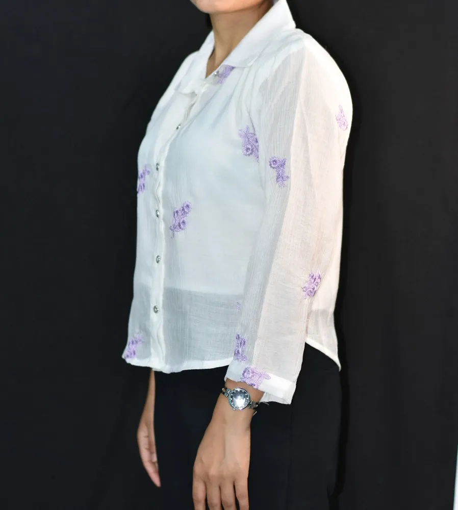 NYVAZ Women's White Floral Embroidered Cotton Shirt – Lavender Blossom Edition