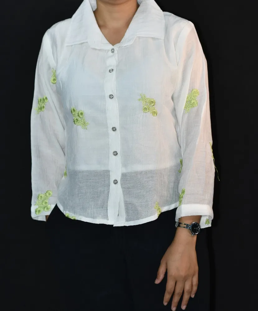 NYVAZ Women's White Floral Embroidered Cotton Shirt – Lime Blossom Edition