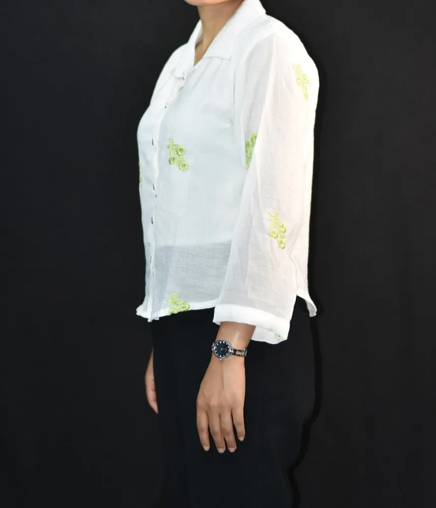 NYVAZ Women's White Floral Embroidered Cotton Shirt – Lime Blossom Edition