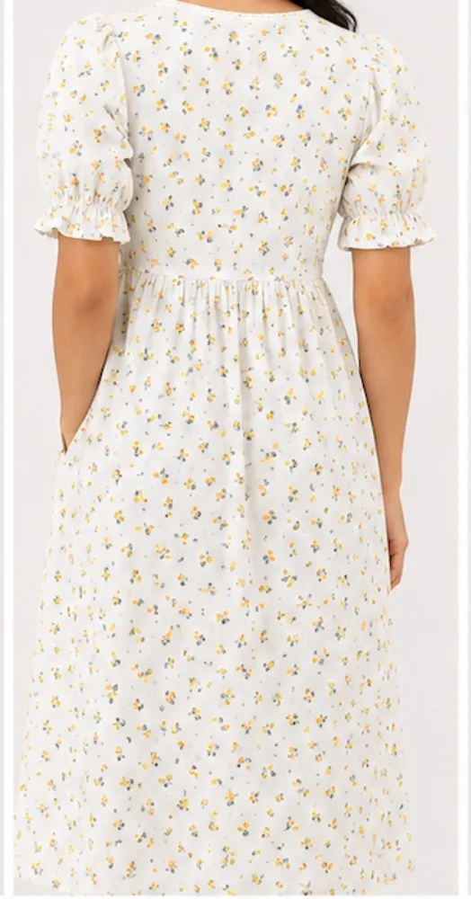 NYVAZ Women's White Floral Puff Sleeve Midi Dress
