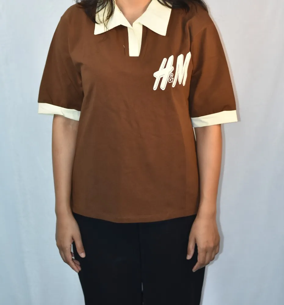 NYVAZ Women's Brown Contrast Collar Polo T-Shirt