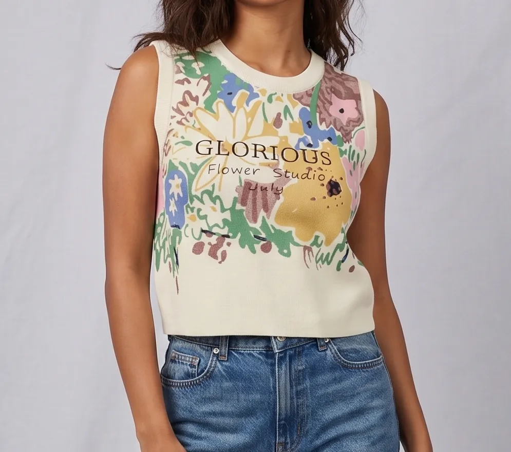 NYVAZ Women’s white Floral Graphic Knit Sleeveless Crop Top