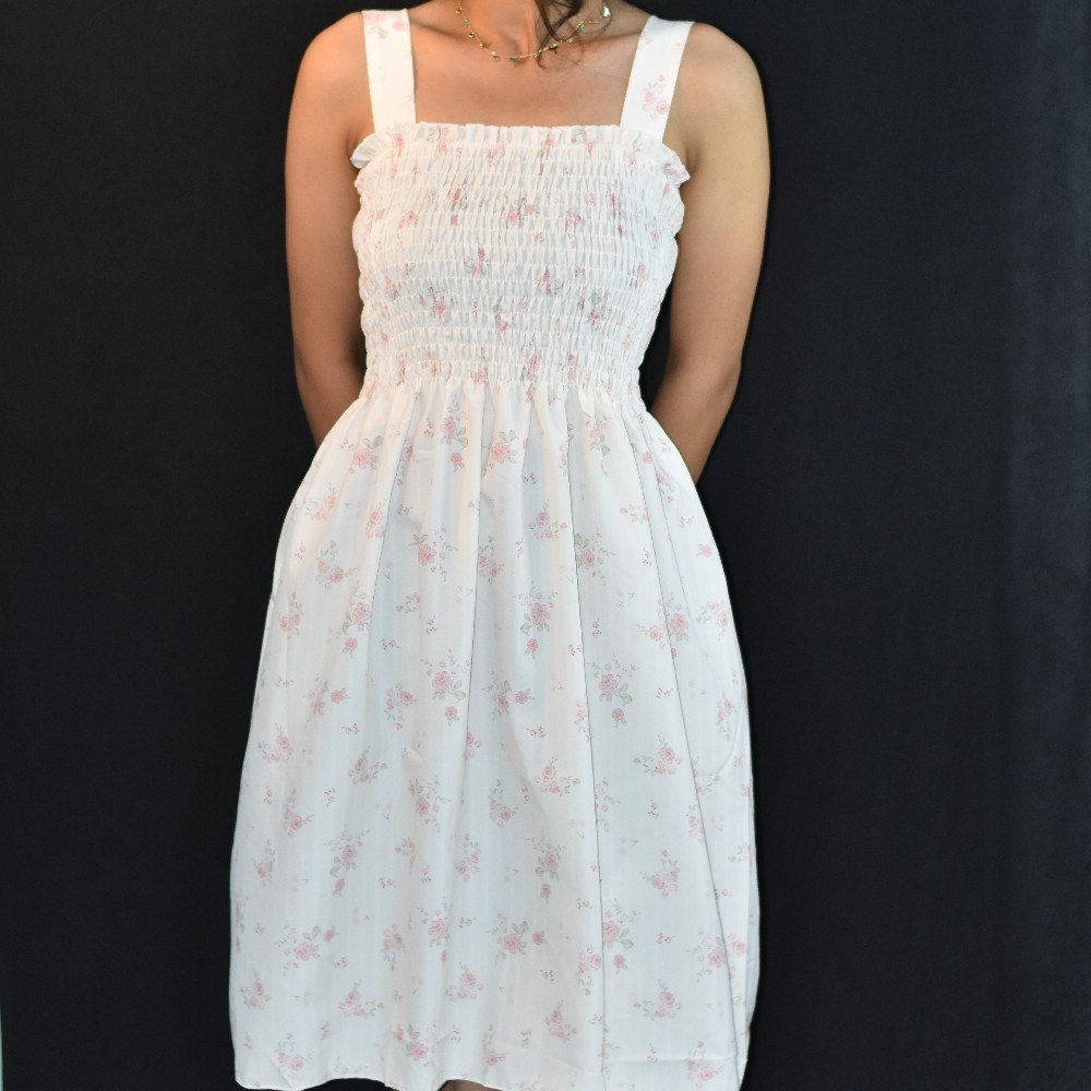 White with Soft Pink Floral Print NYVAZ Women's Pink Blossom Smocked Midi Dress