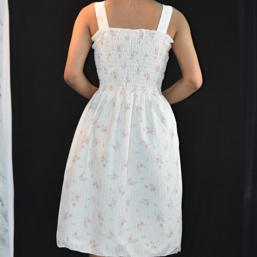 White with Soft Pink Floral Print NYVAZ Women's Pink Blossom Smocked Midi Dress