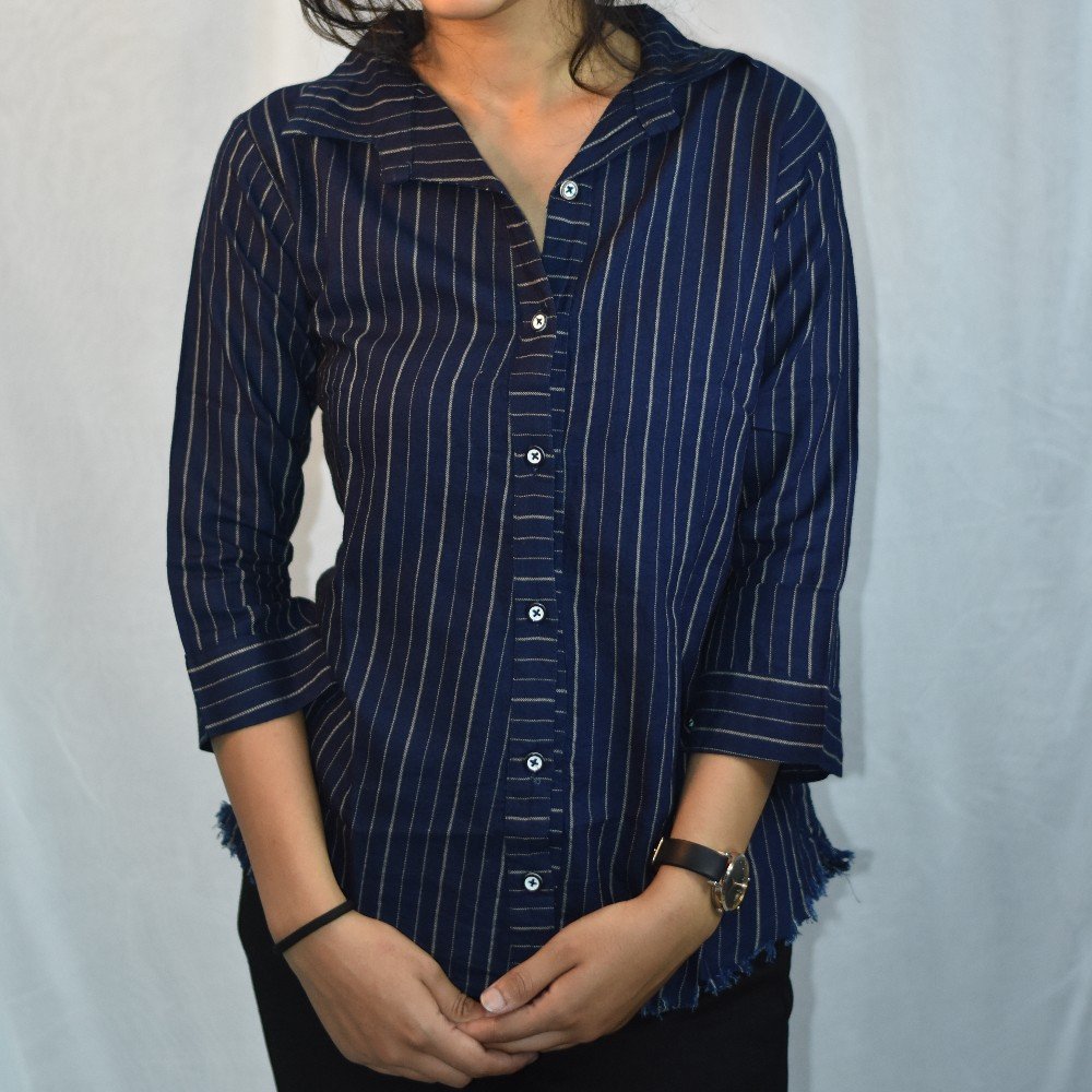 Navy Blue NYVAZ Women's Navy Pinstripe Casual Shirt