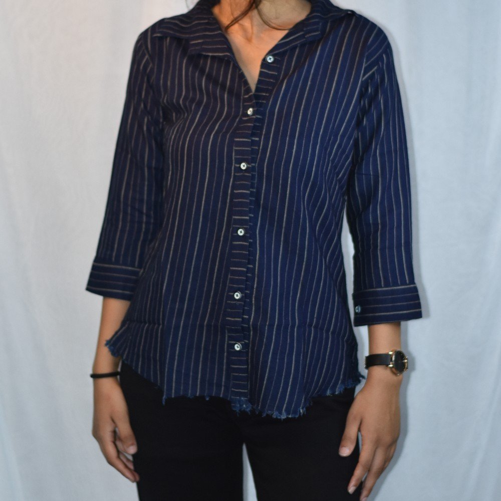 Navy Blue NYVAZ Women's Navy Pinstripe Casual Shirt