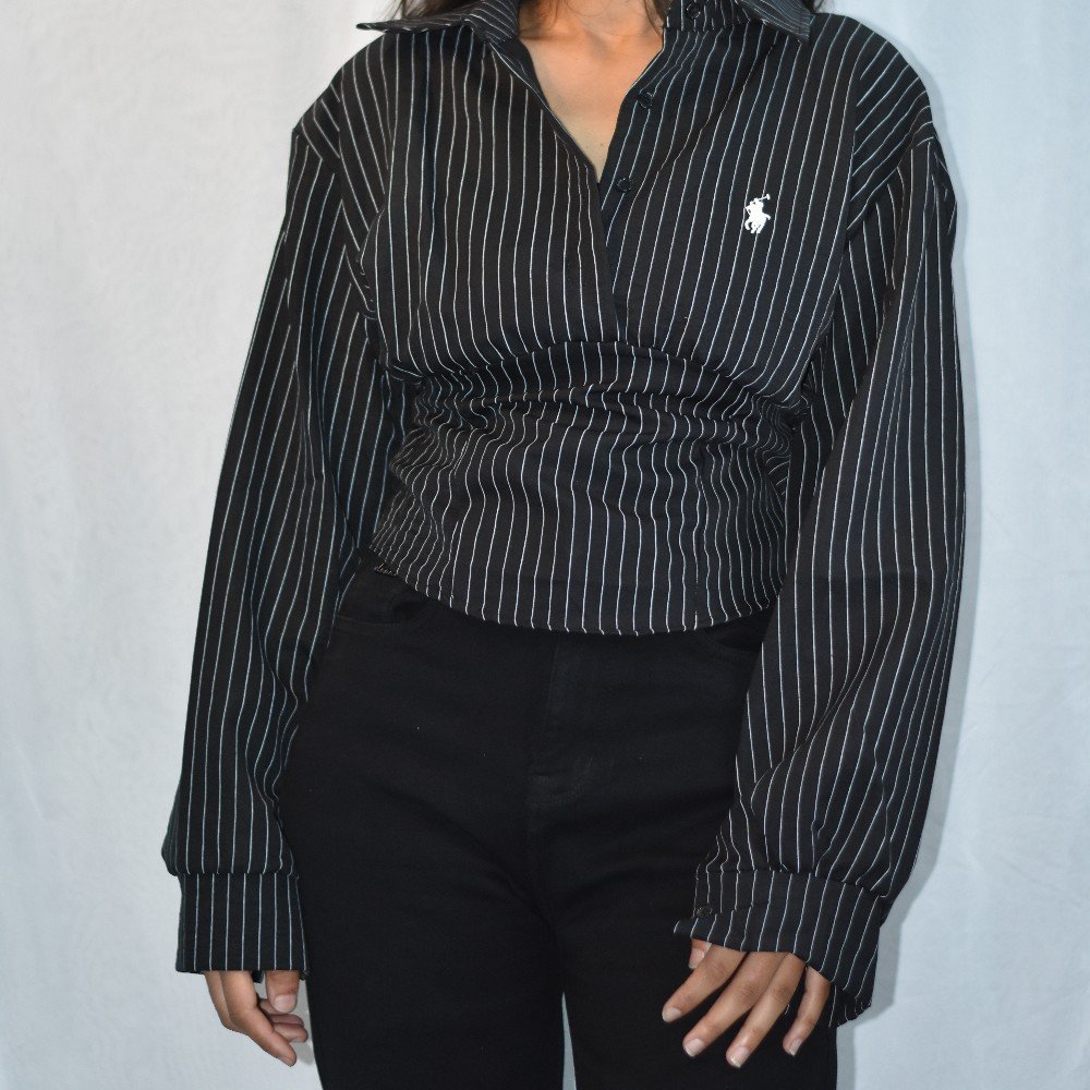 Black NYVAZ Women's Black Pinstripe Gathered Waist Shirt