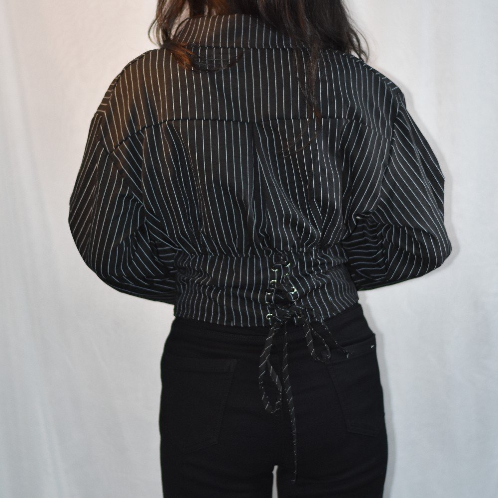 Black NYVAZ Women's Black Pinstripe Gathered Waist Shirt