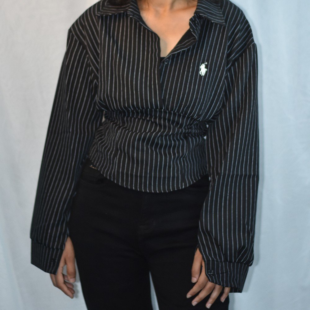 Black NYVAZ Women's Black Pinstripe Gathered Waist Shirt