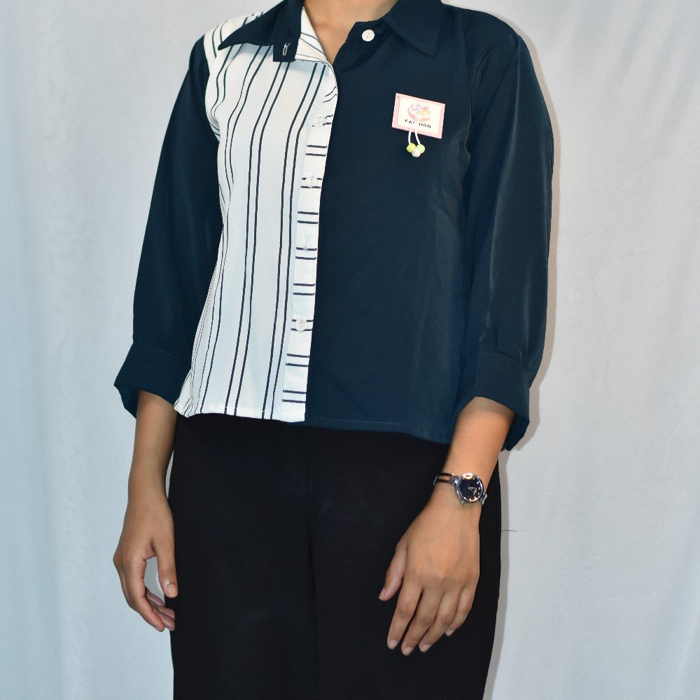 Navy Blue & White NYVAZ Women's Navy Blue Color Block Stripe Shirt