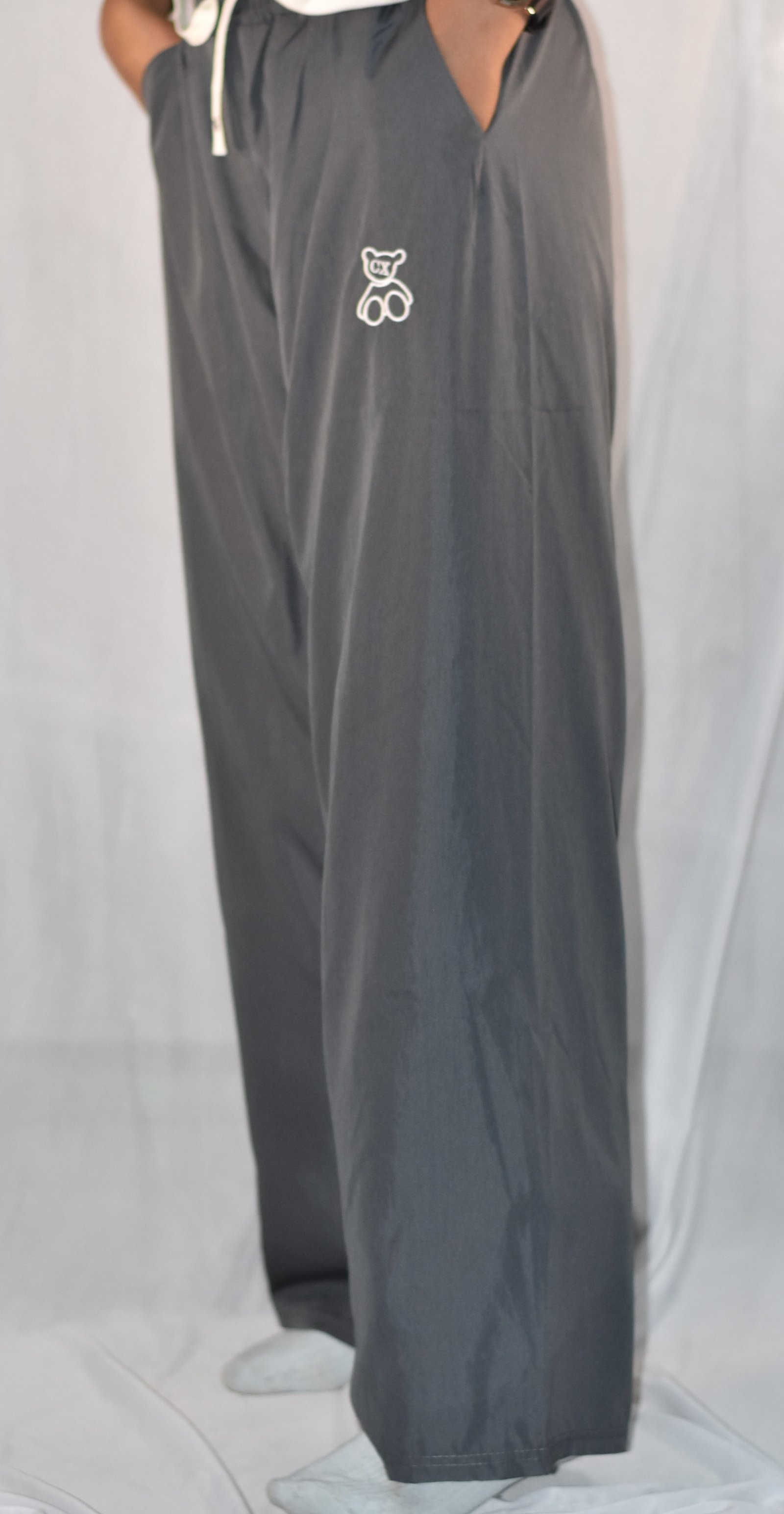 grey Women's Charcoal Grey Embroidered Wide Leg Lounge Pants