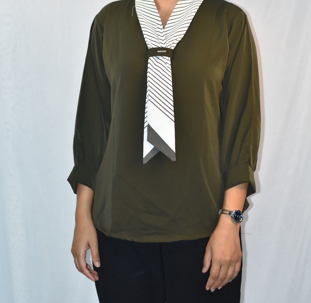 Olive Green NYVAZ Women's Olive Green Tie-Neck Formal Top