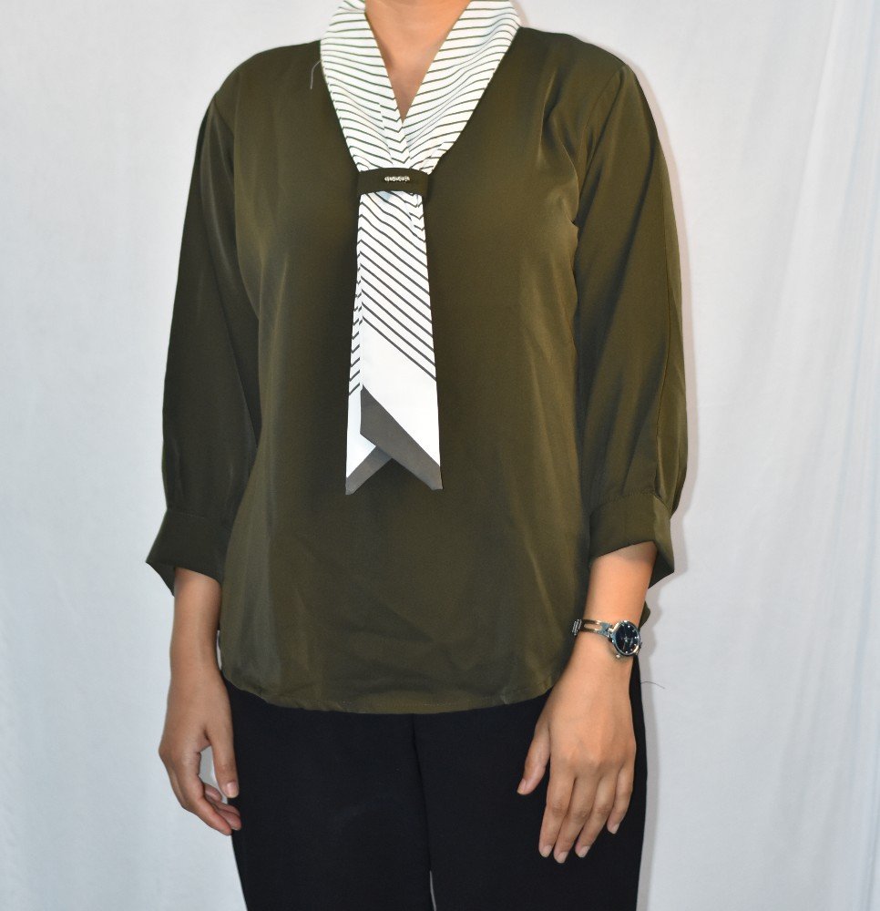 Olive Green NYVAZ Women's Olive Green Tie-Neck Formal Top