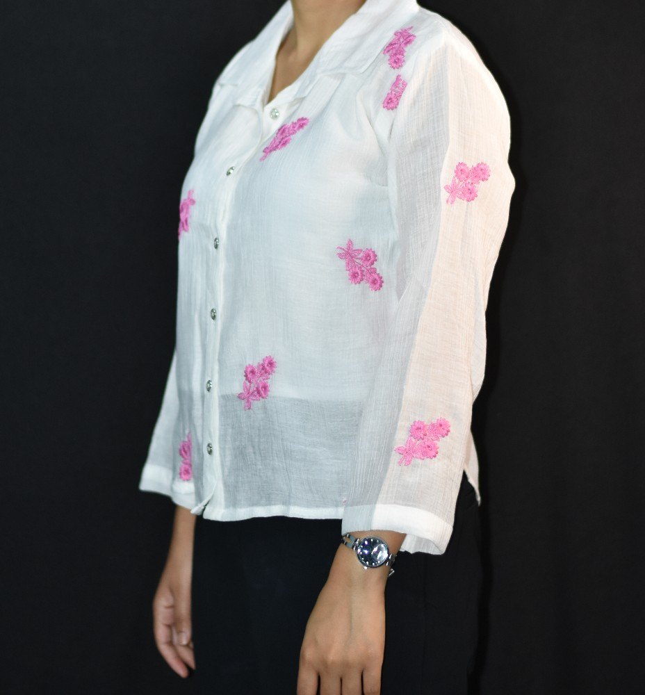 White with Pink Floral Embroidery NYVAZ Women's White Floral Embroidered Cotton Shirt – Pink Blossom Edition