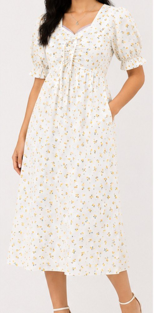 White with Yellow Floral Print NYVAZ Women's White Floral Puff Sleeve Midi Dress