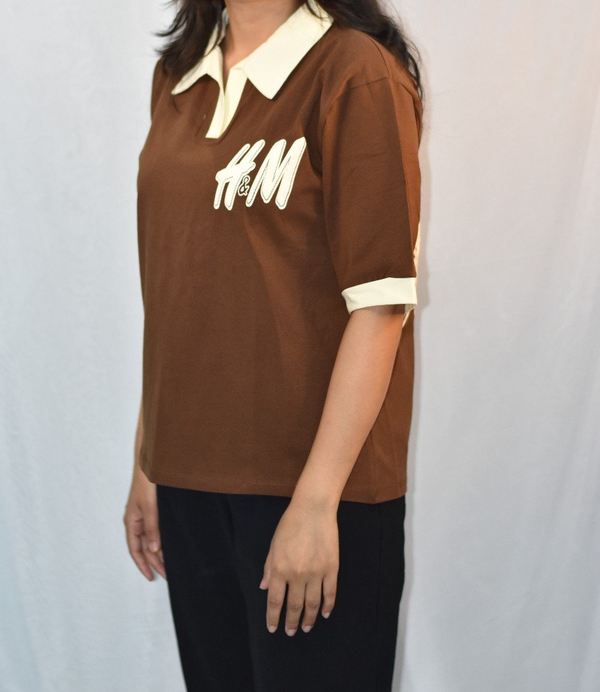Brown with Cream Collar & Sleeve Cuffs NYVAZ Women's Brown Contrast Collar Polo T-Shirt