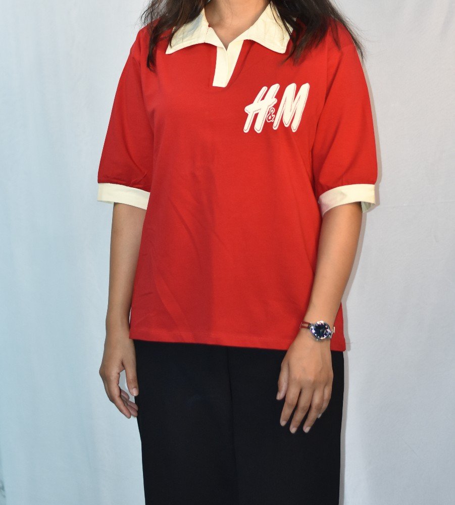 Red with Cream Collar & Sleeve Cuffs NYVAZ Women's Red Contrast Collar Polo T-Shirt