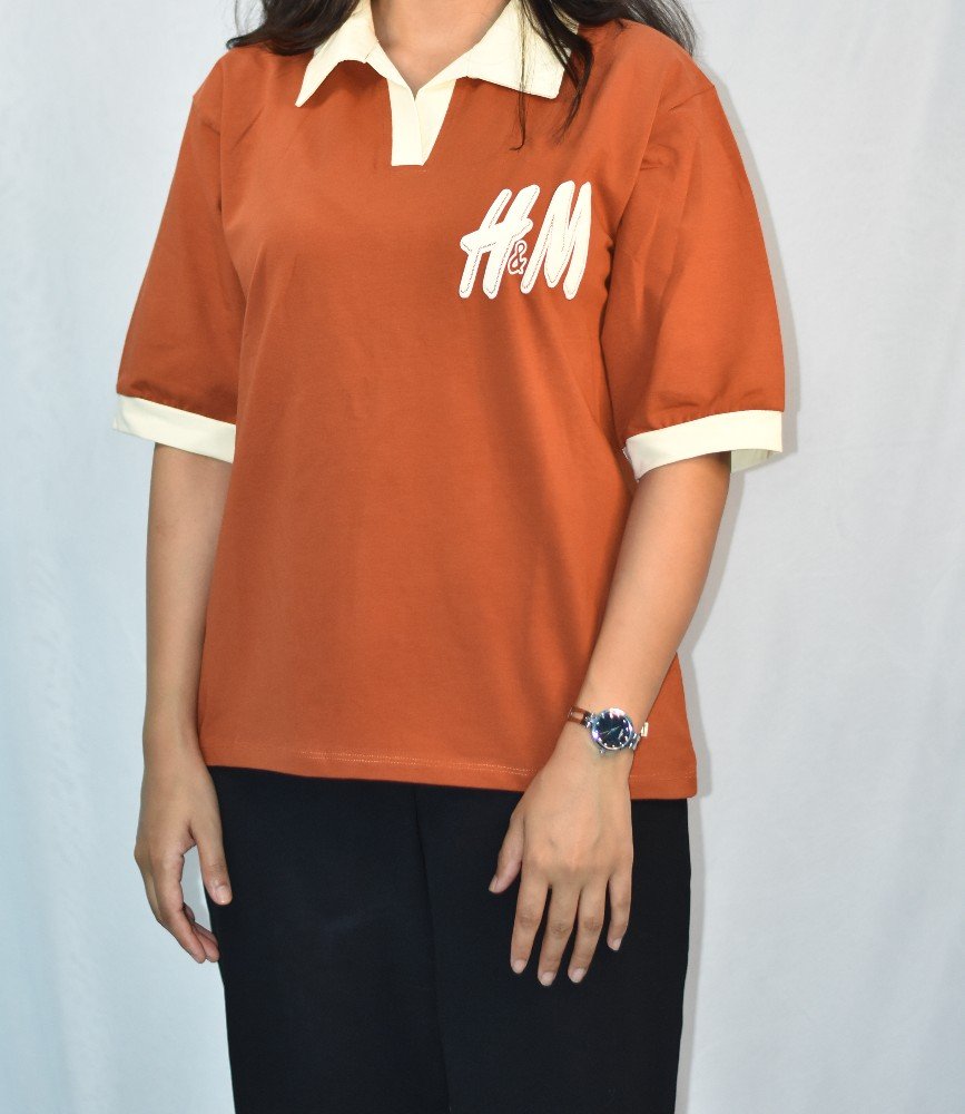 Rust Orange with Cream Collar & Sleeve Cuffs NYVAZ Women's Rust Orange Contrast Collar Polo T-Shirt