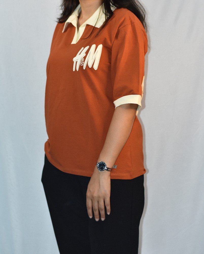 Rust Orange with Cream Collar & Sleeve Cuffs NYVAZ Women's Rust Orange Contrast Collar Polo T-Shirt