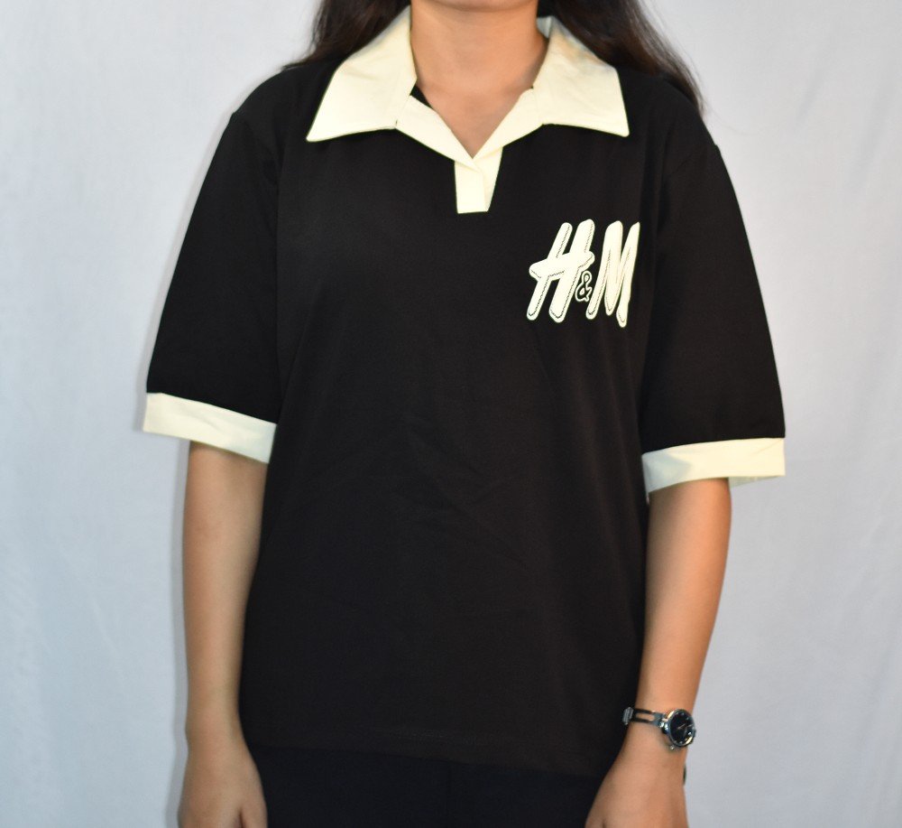 Black with Cream Collar & Sleeve Cuffs NYVAZ Women's Black Contrast Collar Polo T-Shirt