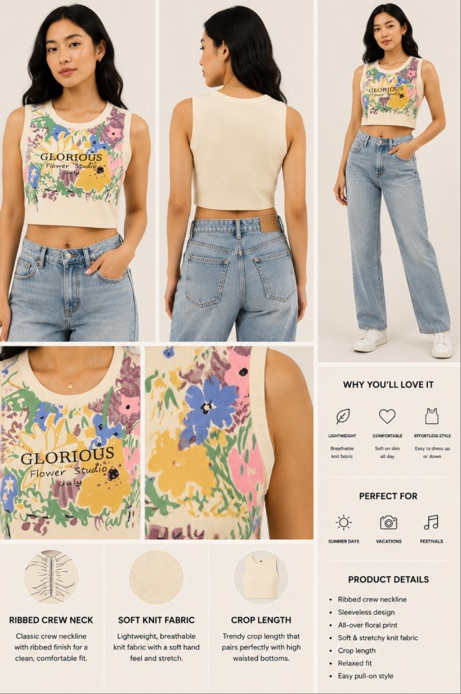 Cream with Multicolor Floral Print NYVAZ Women's Floral Graphic Sleeveless Crop Top