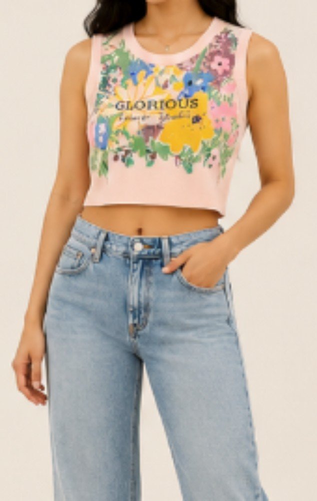 Light Pink with Multicolor Floral Print NYVAZ Women's Pink Floral Graphic Sleeveless Crop Top