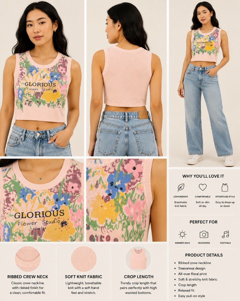 Light Pink with Multicolor Floral Print NYVAZ Women's Pink Floral Graphic Sleeveless Crop Top