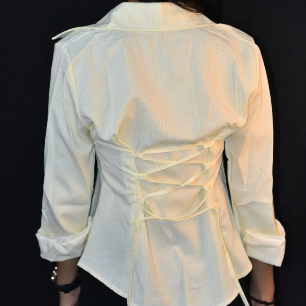 Pastel Yellow NYVAZ Women's Pastel Yellow Pinstripe Corset Back Shirt