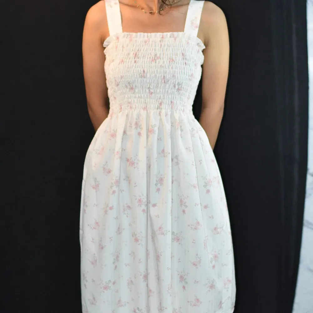 White with Soft Pink Floral Print NYVAZ Women's Pink Blossom Smocked Midi Dress
