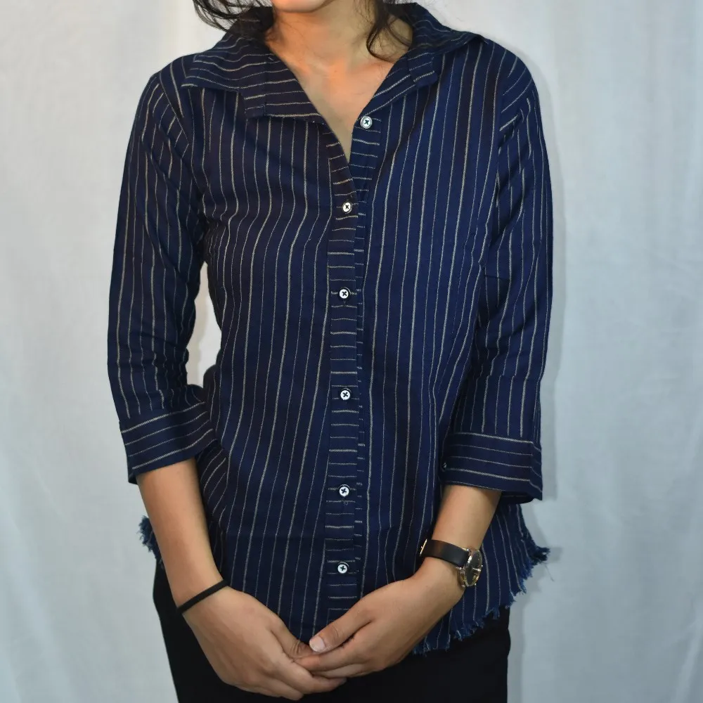 Navy Blue NYVAZ Women's Navy Pinstripe Casual Shirt
