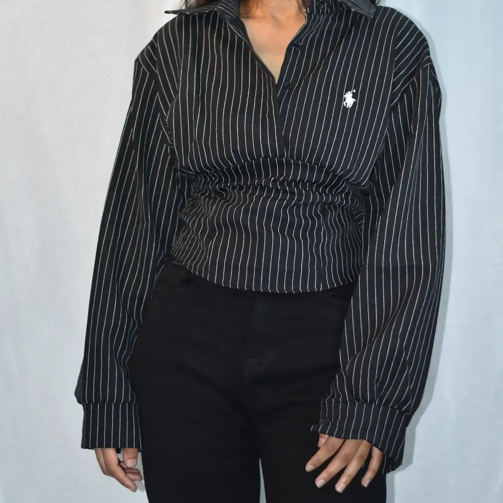 Black NYVAZ Women's Black Pinstripe Gathered Waist Shirt