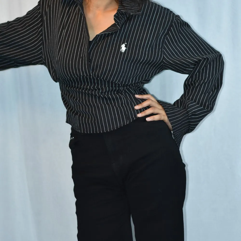 Black NYVAZ Women's Black Pinstripe Gathered Waist Shirt