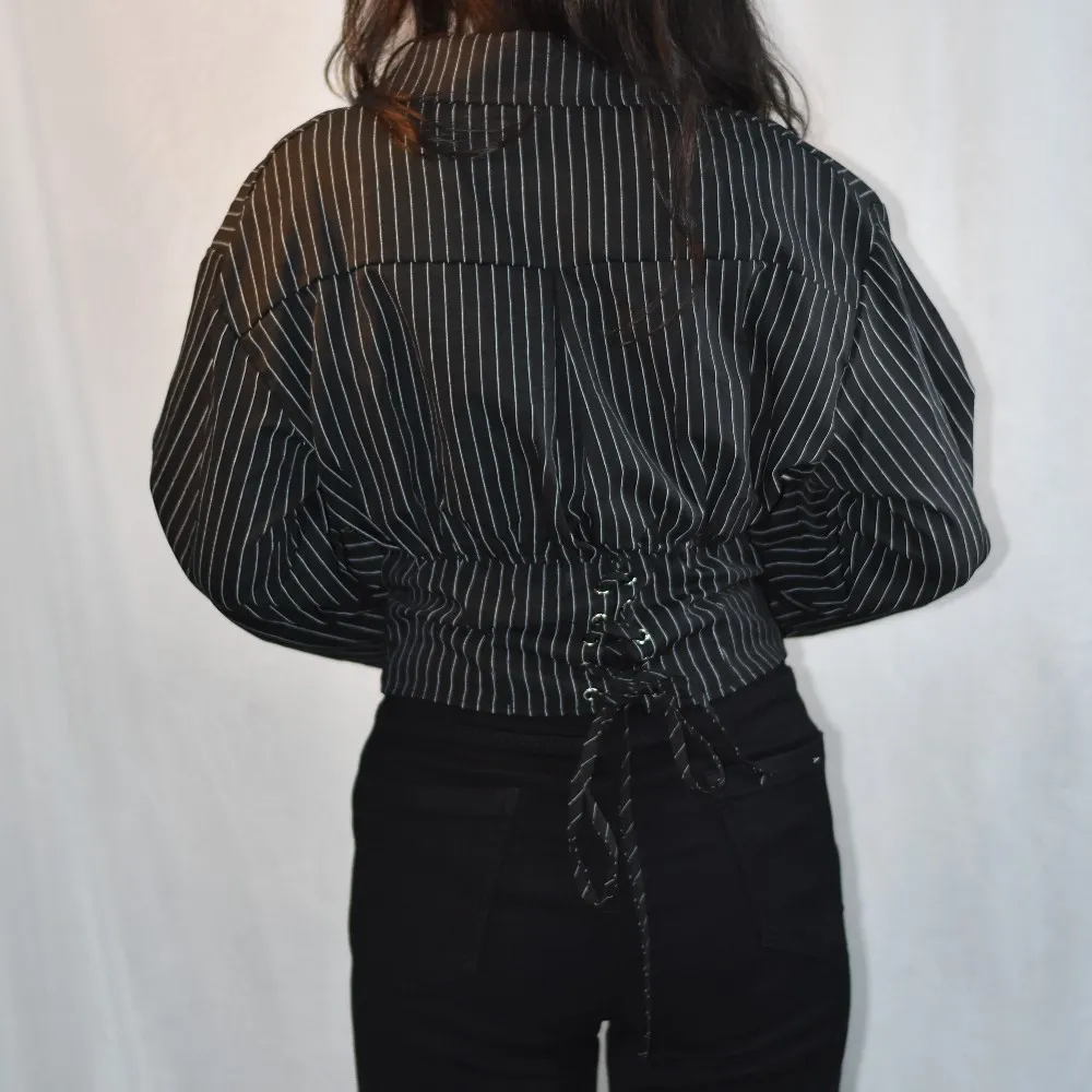 Black NYVAZ Women's Black Pinstripe Gathered Waist Shirt