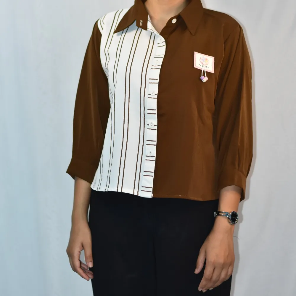 Mocha Brown & White NYVAZ Women's Mocha Color Block Stripe Shirt