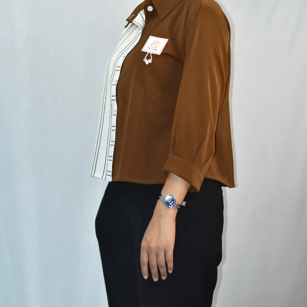 Mocha Brown & White NYVAZ Women's Mocha Color Block Stripe Shirt
